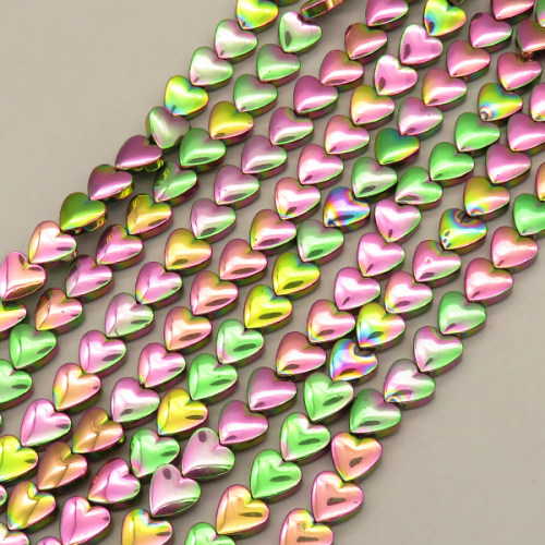 Non-magnetic Synthetic Hematite Beads Strands,Curved Peach Heart,Plating,Flower Green,8x8x3mm,Hole:1mm,about 48 pcs/strand,about 29 g/strand,5 strands/package,14.96"(38cm),XBGB09268vbnb-L020