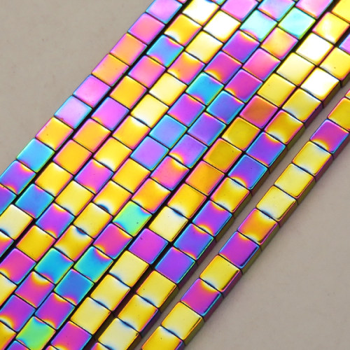 Non-magnetic Synthetic Hematite Beads Strands,Flat Square,Plating,Rainbow,4x4x2mm,Hole:0.8mm,about 95 pcs/strand,about 15 g/strand,5 strands/package,14.96"(38cm),XBGB09288ablb-L020