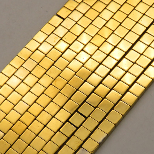 Non-magnetic Synthetic Hematite Beads Strands,Flat Square,Plating,Golden,4x4x2mm,Hole:0.8mm,about 95 pcs/strand,about 15 g/strand,5 strands/package,14.96"(38cm),XBGB09290ablb-L020