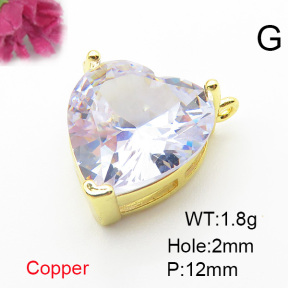 Brass Cubic Zirconia Links Connectors,Heart-Shaped,Gold,Mixed Color,12mm,Hole:2mm,about 1.8 g/pc,5 pcs/package,XFL01858aaio-L024
