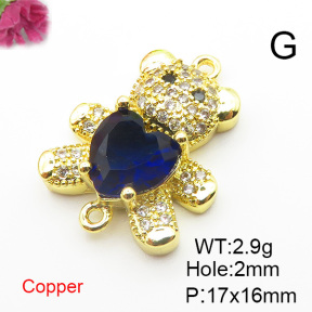 Brass Cubic Zirconia Links Connectors,Bear,Gold,Mixed Color,17x16mm,Hole:2mm,about 2.9 g/pc,5 pcs/package,XFL01864baka-L024