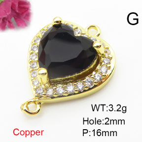 Brass Cubic Zirconia Links Connectors,Heart-Shaped,Gold,Mixed Color,16mm,Hole:2mm,about 3.2 g/pc,5 pcs/package,XFL01870baka-L024