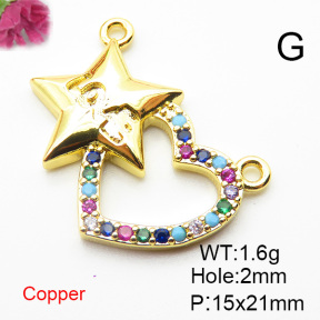 Brass Cubic Zirconia Links Connectors,Heart and Star,Gold,15x21mm,Hole:2mm,about 1.6 g/pc,5 pcs/package,XFL01878avja-L024