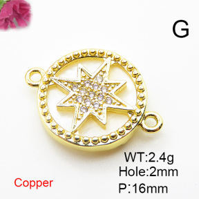 Brass Cubic Zirconia Links Connectors,With  Shell,Round,Polygon,Gold,16mm,Hole:2mm,about 2.4 g/pc,5 pcs/package,XFL01880aajl-L024