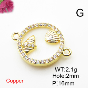 Brass Cubic Zirconia Links Connectors,With  Shell,Round,Shell,Gold,16mm,Hole:2mm,about 2.1 g/pc,5 pcs/package,XFL01883aajl-L024