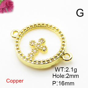 Brass Cubic Zirconia Links Connectors,With  Shell,Round,Cross,Gold,16mm,Hole:2mm,about 2.1 g/pc,5 pcs/package,XFL01885aajl-L024