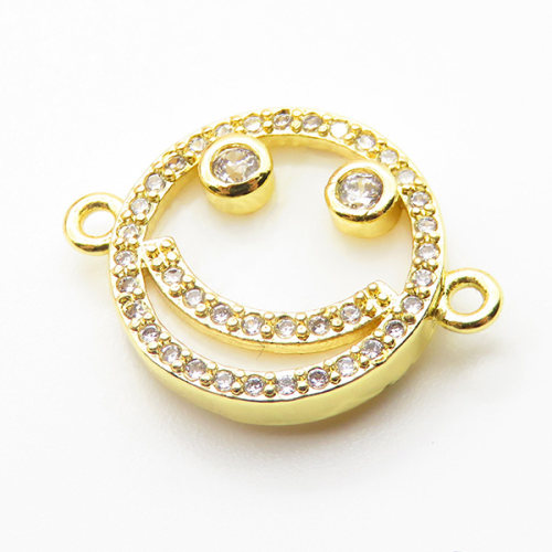 Brass Cubic Zirconia Links Connectors,With  Shell,Round,Smiley,Gold,16mm,Hole:2mm,about 2.2 g/pc,5 pcs/package,XFL01887aajl-L024