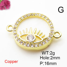 Brass Cubic Zirconia Links Connectors,With  Shell,Round,Eyes,Gold,16mm,Hole:2mm,about 2 g/pc,5 pcs/package,XFL01889aajl-L024