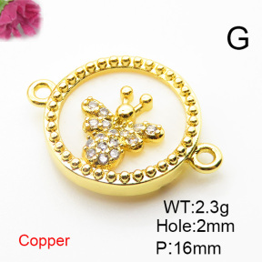 Brass Cubic Zirconia Links Connectors,With  Shell,Round,Bee,Gold,16mm,Hole:2mm,about 2.3 g/pc,5 pcs/package,XFL01891aajl-L024
