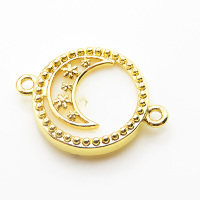 Brass Cubic Zirconia Links Connectors,With  Shell,Round,Moon,Gold,16mm,Hole:2mm,about 2 g/pc,5 pcs/package,XFL01893aajl-L024
