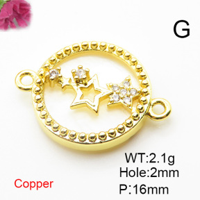 Brass Cubic Zirconia Links Connectors,With  Shell,Round,Five-Pointed Star,Gold,16mm,Hole:2mm,about 2.1 g/pc,5 pcs/package,XFL01897aajl-L024