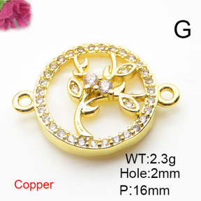 Brass Cubic Zirconia Links Connectors,With  Shell,Round,Branch,Gold,16mm,Hole:2mm,about 2.3 g/pc,5 pcs/package,XFL01899aajl-L024