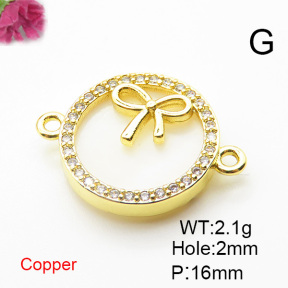 Brass Cubic Zirconia Links Connectors,With  Shell,Round,Bow,Gold,16mm,Hole:2mm,about 2.1 g/pc,5 pcs/package,XFL01901aajl-L024