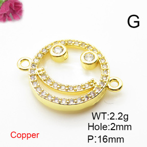 Brass Cubic Zirconia Links Connectors,With  Shell,Round,Smiley,Gold,16mm,Hole:2mm,about 2.2 g/pc,5 pcs/package,XFL01903aajl-L024