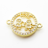 Brass Cubic Zirconia Links Connectors,With  Shell,Round,Boy and Girl,Gold,16mm,Hole:2mm,about 2.3 g/pc,5 pcs/package,XFL01905aajl-L024