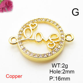 Brass Cubic Zirconia Links Connectors,With  Shell,Round,Word LOVE,Gold,16mm,Hole:2mm,about 2 g/pc,5 pcs/package,XFL01907aajl-L024