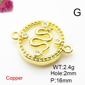 Brass Cubic Zirconia Links Connectors,With  Shell,Round,Snake,Gold,16mm,Hole:2mm,about 2.4 g/pc,5 pcs/package,XFL01909aajl-L024