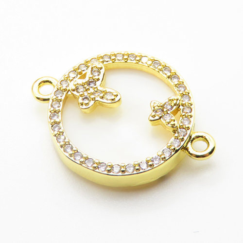 Brass Cubic Zirconia Links Connectors,With  Shell,Round,Butterfly,Gold,16mm,Hole:2mm,about 1.9 g/pc,5 pcs/package,XFL01911aajl-L024