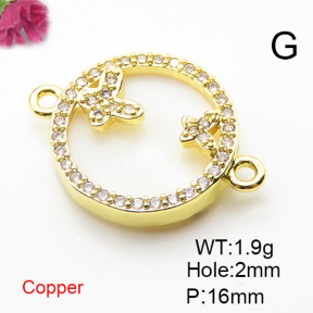 Brass Cubic Zirconia Links Connectors,With  Shell,Round,Butterfly,Gold,16mm,Hole:2mm,about 1.9 g/pc,5 pcs/package,XFL01911aajl-L024