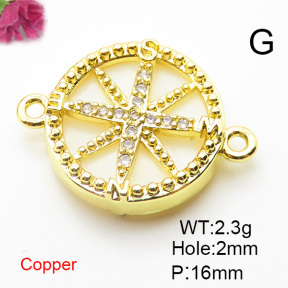 Brass Cubic Zirconia Links Connectors,With  Shell,Round,Rice Shape,Gold,16mm,Hole:2mm,about 2.3 g/pc,5 pcs/package,XFL01913aajl-L024