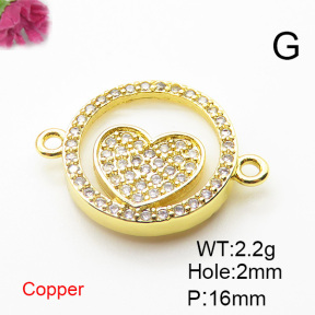 Brass Cubic Zirconia Links Connectors,With  Shell,Round,Heart,Gold,16mm,Hole:2mm,about 2.2 g/pc,5 pcs/package,XFL01915aajl-L024