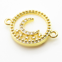 Brass Cubic Zirconia Links Connectors,With  Shell,Round,Moon,Gold,16mm,Hole:2mm,about 2 g/pc,5 pcs/package,XFL01917aajl-L024