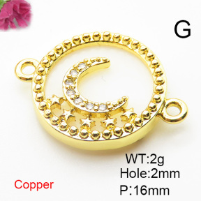 Brass Cubic Zirconia Links Connectors,With  Shell,Round,Moon,Gold,16mm,Hole:2mm,about 2 g/pc,5 pcs/package,XFL01917aajl-L024