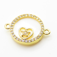 Brass Cubic Zirconia Links Connectors,With  Shell,Round,Heart,Gold,16mm,Hole:2mm,about 2 g/pc,5 pcs/package,XFL01919aajl-L024