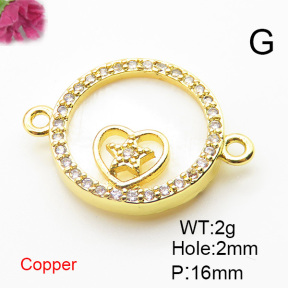 Brass Cubic Zirconia Links Connectors,With  Shell,Round,Heart,Gold,16mm,Hole:2mm,about 2 g/pc,5 pcs/package,XFL01919aajl-L024