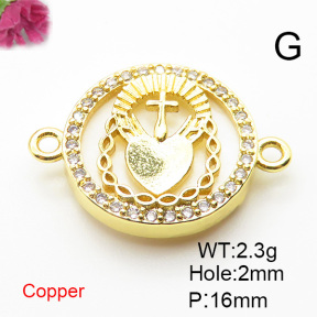 Brass Cubic Zirconia Links Connectors,With  Shell,Round,Cross and Heart,Gold,16mm,Hole:2mm,about 2.3 g/pc,5 pcs/package,XFL01921aajl-L024