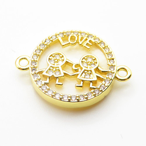 Brass Cubic Zirconia Links Connectors,With  Shell,Round,Boy and Girl,Gold,16mm,Hole:2mm,about 2.3 g/pc,5 pcs/package,XFL01923aajl-L024
