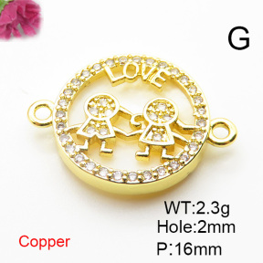 Brass Cubic Zirconia Links Connectors,With  Shell,Round,Boy and Girl,Gold,16mm,Hole:2mm,about 2.3 g/pc,5 pcs/package,XFL01923aajl-L024