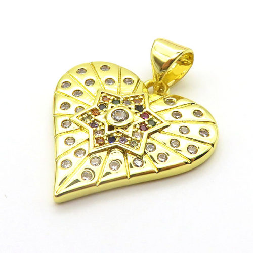 Brass Cubic Zirconia Pendants,Heart-Shaped,Gold,19mm,Hole:2mm,about 2.3 g/pc,5 pcs/package,XFPC03105avja-L024
