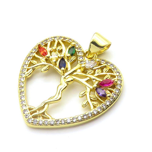 Brass Cubic Zirconia Pendants,Tree of Life,Heart Shape,Gold,22mm,Hole:2mm,about 2.3 g/pc,5 pcs/package,XFPC03111baka-L024