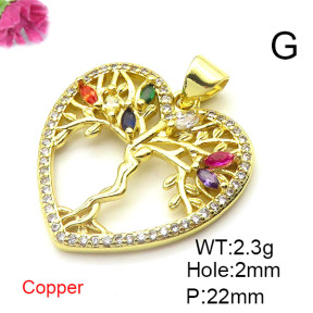 Brass Cubic Zirconia Pendants,Tree of Life,Heart Shape,Gold,22mm,Hole:2mm,about 2.3 g/pc,5 pcs/package,XFPC03111baka-L024