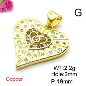Brass Cubic Zirconia Pendants,Heart-Shaped,Gold,19mm,Hole:2mm,about 2.2 g/pc,5 pcs/package,XFPC03117avja-L024