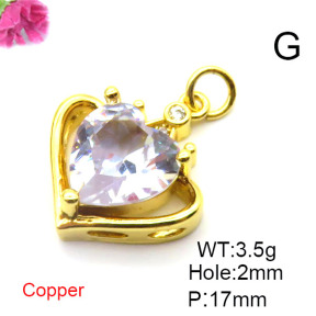 Brass Cubic Zirconia Pendants,Heart-Shaped,Gold,17mm,Hole:2mm,about 3.5 g/pc,5 pcs/package,XFPC03120avja-L024