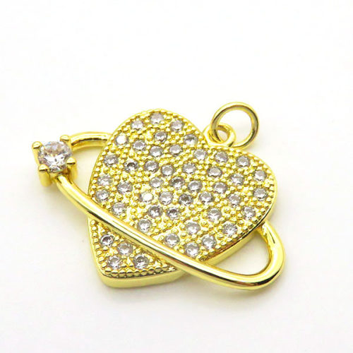 Brass Cubic Zirconia Pendants,Heart-Shaped,Gold,19x26mm,Hole:2mm,about 3.6 g/pc,5 pcs/package,XFPC03123baka-L024