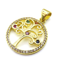 Brass Cubic Zirconia Pendants,Round,Tree of Life,Gold,18mm,Hole:2mm,about 1.8 g/pc,5 pcs/package,XFPC03129aajl-L024