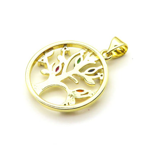 Brass Cubic Zirconia Pendants,Round,Tree of Life,Gold,20mm,Hole:2mm,about 2.1 g/pc,5 pcs/package,XFPC03132avja-L024