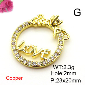 Brass Cubic Zirconia Pendants,Round Ring,Word LOVE,Gold,23x20mm,Hole:2mm,about 2.3 g/pc,5 pcs/package,XFPC03150aajl-L024