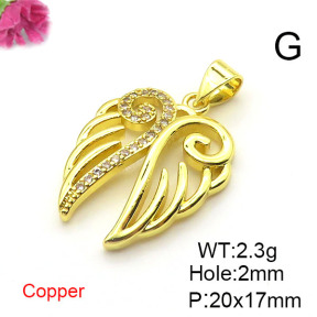 Brass Cubic Zirconia Pendants,Wing,Gold,20x17mm,Hole:2mm,about 2.3 g/pc,5 pcs/package,XFPC03156aajl-L024
