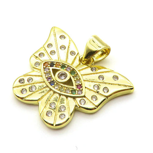 Brass Cubic Zirconia Pendants,Butterfly,Gold,17x22mm,Hole:2mm,about 2.5 g/pc,5 pcs/package,XFPC03158aajl-L024