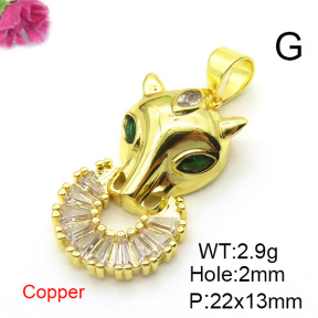 Brass Cubic Zirconia Pendants,Tiger,Gold,22x13mm,Hole:2mm,about 2.9 g/pc,5 pcs/package,XFPC03164baka-L024