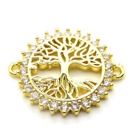 Brass Cubic Zirconia Pendants,Life Tree,Gold,20mm,Hole:2mm,about 2.8 g/pc,5 pcs/package,XFPC03170aajl-L024