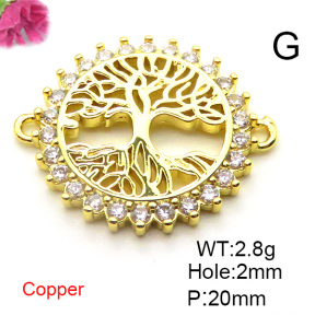 Brass Cubic Zirconia Pendants,Life Tree,Gold,20mm,Hole:2mm,about 2.8 g/pc,5 pcs/package,XFPC03170aajl-L024