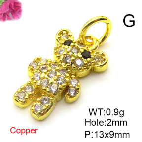 Brass Cubic Zirconia Pendants,Bear,Gold,12x9mm,Hole:2mm,about 0.9 g/pc,5 pcs/package,XFPC03181vail-L024