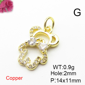 Brass Cubic Zirconia Pendants,Bear,Gold,14x11mm,Hole:2mm,about 0.9 g/pc,5 pcs/package,XFPC03191vail-L024