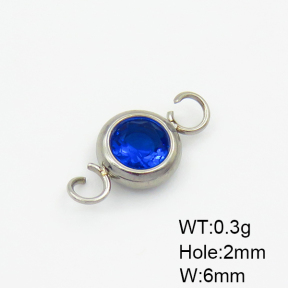 304 Stainless Steel Zircon Links Connectors,Flat Round,True Color,Royal Blue,6mm,Hole:2mm,about 0.3g/pc,5 pcs/package,XFL01994aahj-906