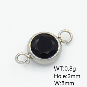 304 Stainless Steel Zircon Links Connectors,Flat Round,True Color,Black,8mm,Hole:2mm,about 0.8g/pc,5 pcs/package,XFL02022aahm-906